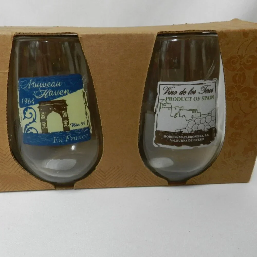 Pier 1 Stemless Wine Glass Napa Spain Italy & France Labels Set of glasses 4 NIB